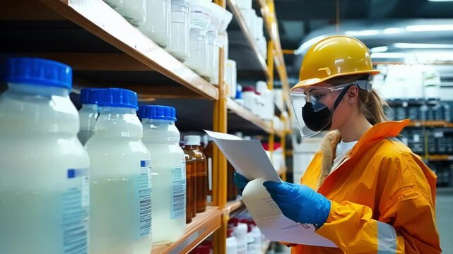 Focused female industrial engineer checks documents near hazardous chemicals in factory, wearing protective workwear for safety