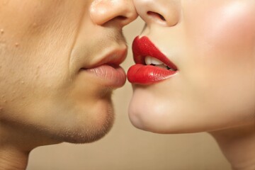 Obraz premium A romantic moment between a couple sharing a kiss in a softly lit setting, conveying intimacy and connection. Generative AI