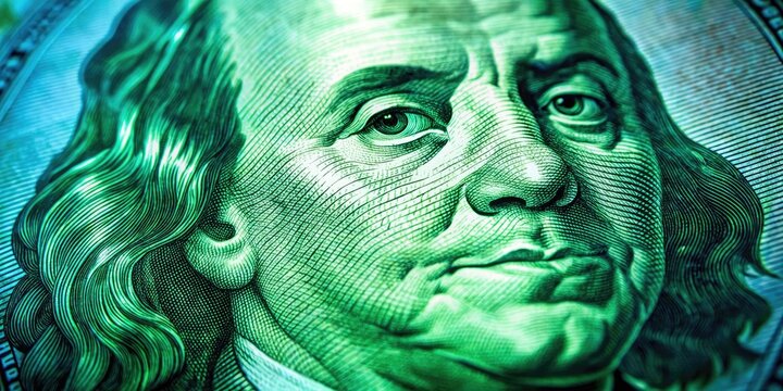 Close-up of a ten-dollar bill featuring a prominent historical figure in vibrant green and blue hues