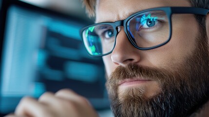 A serious professional intensely focuses on complex data displayed on a computer screen, demonstrating technical expertise and precision in a modern setting.
