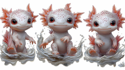 Fototapeta premium Three Adorable White Axolotls with Red Spots Pose in a Watery Display, Each with a Unique Expression and Sitting on a Splash of Water, Creating a Whimsical and Charming Scene.