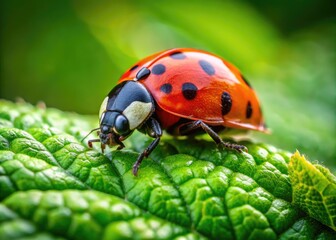 Fototapeta premium Close-up of a vibrant 7 spotted ladybug resting on a green leaf in a natural garden setting