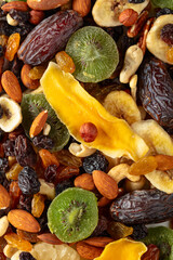 Dried tropical fruits, nuts, and raisins.