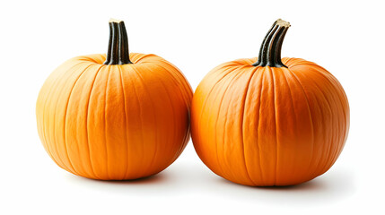Obraz premium Two Ripe Pumpkins with Smooth Orange Skin and Green Stems, Isolated on White Background