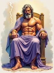 Zeus, the Greek god of thunder, sits on his golden throne, wearing a mantle. Lightning strikes behind him, symbolizing his supreme authority over the heavens.