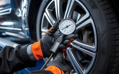Mechanic Using Tire Pressure Gauge for Car Maintenance