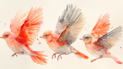Obraz premium Delicate pink birds fly and create a serene and colorful picture of nature on a soft pastel background.