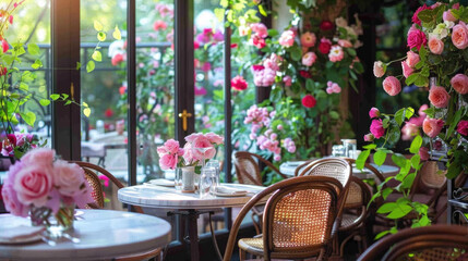 Cozy Floral CafÃ© with Elegant Wicker Chairs and Abundant Blooming Flowers in Sunlit Interior