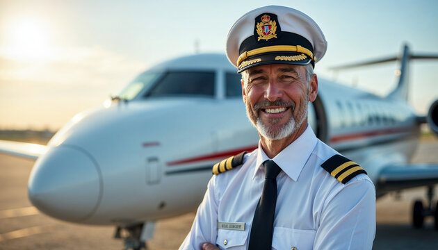 Portrait of a confident pilot in uniform with a passenger airplane background.