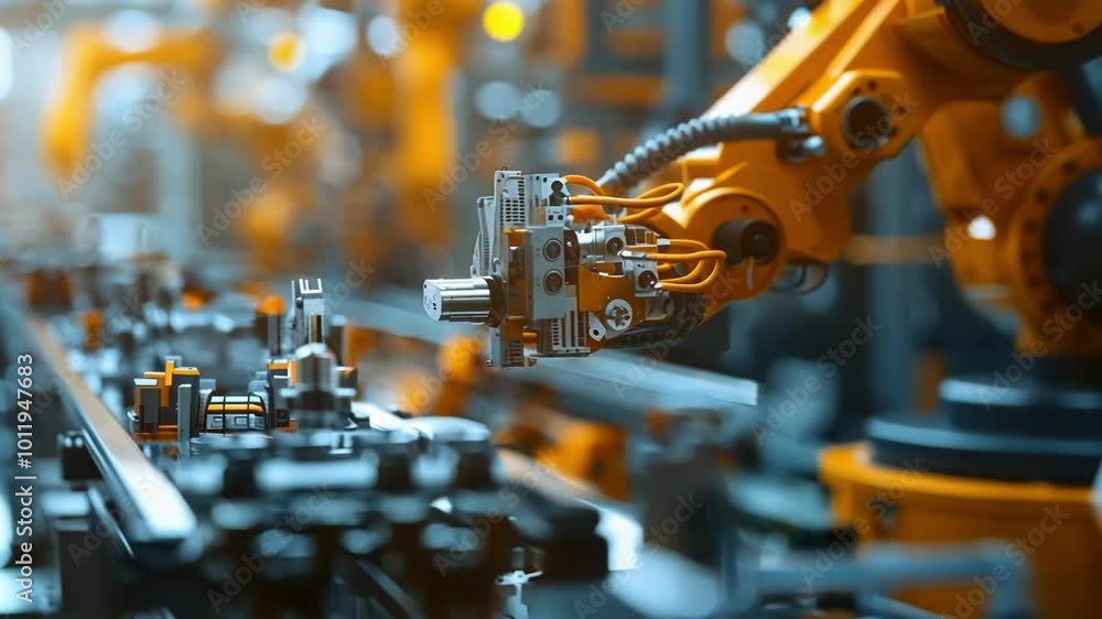 Poster industrial robot arm is assembling parts on a production line in a factory, showcasing advanced auto