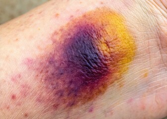 Close-up of bruise on skin from intravenous IV insertion, highlighting discoloration and healing process