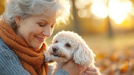 An elderly woman gently cuddles her fluffy dog in the warm autumn sunlight, with fall leaves creating a peaceful and heartwarming outdoor scene.