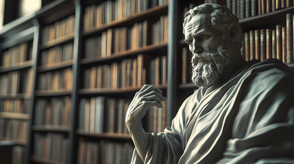 Fototapeta premium Stoic Silence: The Philosopher’s Statue in the Library