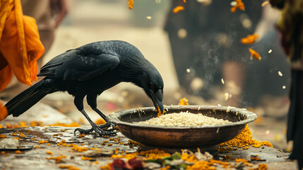 A crow eats rice offerings during the Pitru Paksha ritual
