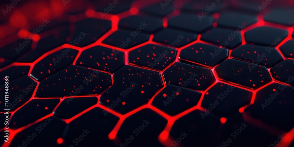 Aufkleber close-up of a dark hexagonal surface with vibrant red highlights and scattered glowing particles. th