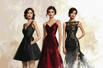 Create a hyperrealistic image of three elegantly dressed Spanish women, each sporting a different style but with a simple and careful elegance. 