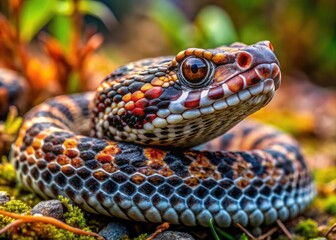 Fototapeta premium Close-up of Eastern Massasauga Rattlesnake Sistrurus Miliarius in Natural Habitat, Captivating Detail