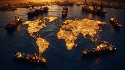 Cargo ships navigating a glowing world map on the ocean at sunset