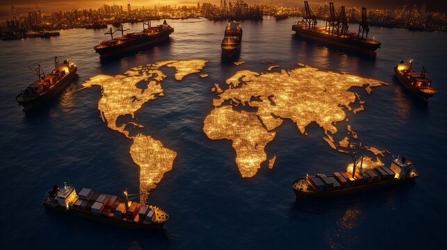 Cargo ships navigating a glowing world map on the ocean at sunset
