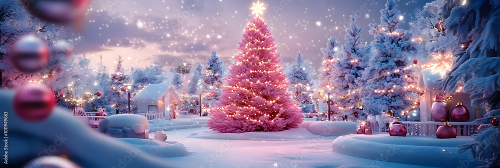 Poster Charming winter wonderland featuring a pink Christmas tree and festive decorations in a magical snowy setting