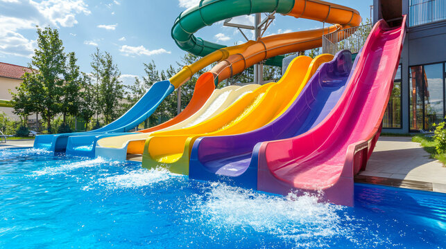 A set of colorful water slides in an outdoor aquapark