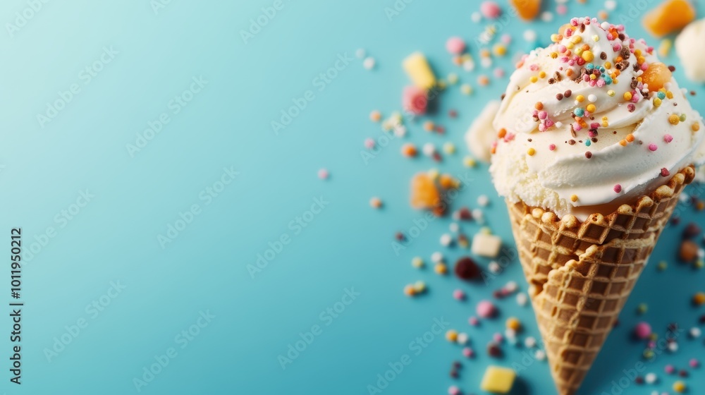 Poster a fun and colorful waffle cone, with vanilla ice cream adorned with lively sprinkles and surrounded 