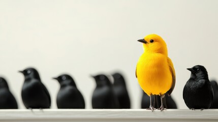 Fototapeta premium A distinctive yellow bird stands strikingly amidst a flock of black birds, capturing attention with its vibrant color and unique presence in a monochromatic setting.