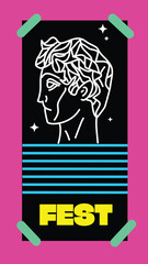 Obraz premium A striking poster featuring an abstract line art of a classical bust, set against a bold pink background with teal stripes and decorative accents.