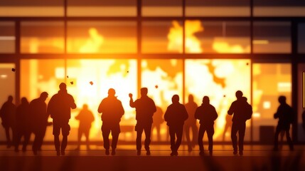 Fototapeta premium A group of people stands before a building consumed by flames, highlighting the intensity and drama of urban unrest and collective tension.
