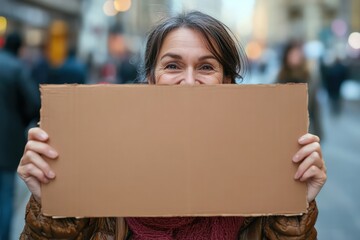 a close up of a happy middle aged woman holding a cardboard blank cardboard sign in the middle of the street in an upper class Texas Suburb
