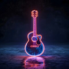 Neon Outlined Floating Guitar Exuding Musical Energy in Cosmic Space