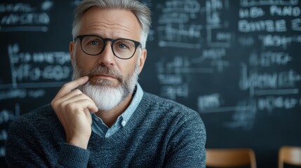 A contemplative man wearing glasses and a sweater sits thoughtfully in front of a chalkboard filled with complex mathematical equations, symbolizing wisdom and inquiry.