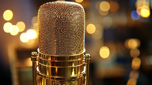 A gold microphone sits in a recording studio with soft, warm lights in the background