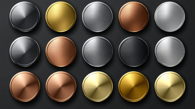 A set of metal chrome circle buttons is presented in vector format, featuring metallic rose gold, bronze, silver, steel, holographic, and golden badges