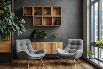 Lounge chairs against window near wall with wooden shelving units and cabinet. Scandinavian interior design of modern living room. Generative AI