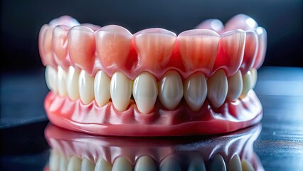 Obraz premium Close-up of realistic false teeth on a clean surface showcasing dental prosthetics and oral health