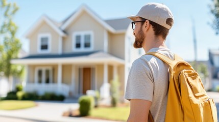 Fototapeta premium A young man wearing a backpack approaches a suburban two-story home on a sunny day, suggesting a new adventure or move into the neighborhood.