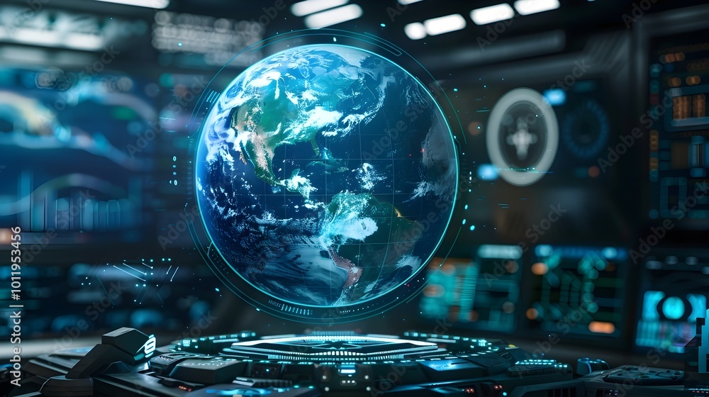 Poster futuristic holographic 3d interface displaying real time earth data and statistics