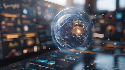 Futuristic Holographic Interface Displaying 3D Rotating Earth with Weather Data and Global Statistics