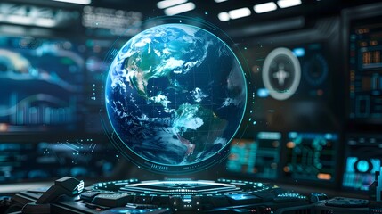 Futuristic Holographic 3D Interface Displaying Real Time Earth Data and Statistics