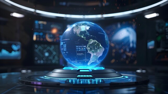 Futuristic Holographic Interface Displaying 3D Rotating Earth with Real Time Weather Data and Global Statistics - Powered by Adobe