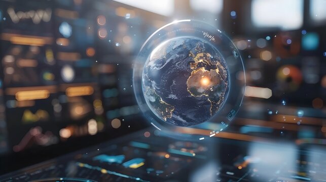 Futuristic Holographic Interface Displaying 3D Rotating Earth with Weather Data and Global Statistics
