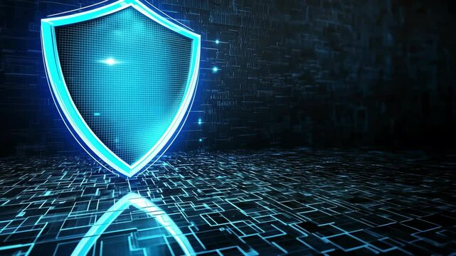 A glowing blue shield stands on a digital grid, representing cyber security