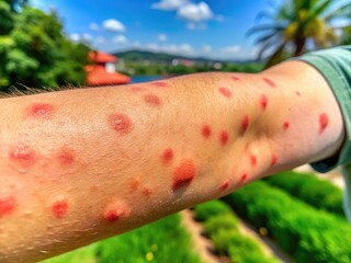 Close-up of skin with pots rash showing red spots and irritation on a person's arm in natural light