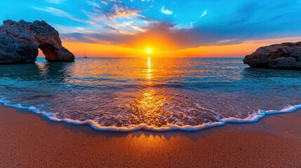 A photostock images of a serene beach with gentle waves at sunrise