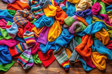 Close-up of Stinky Socks Piled Together on Wooden Floor with Unpleasant Odor and Texture Details