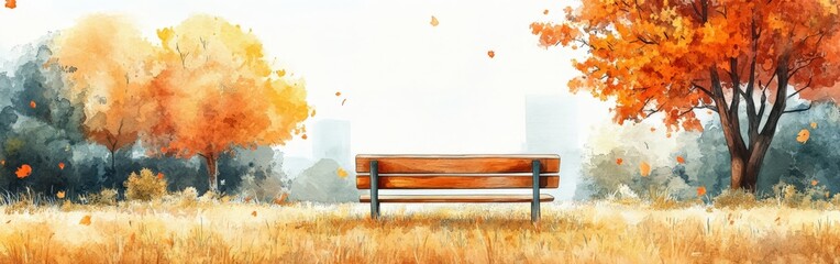 Watercolor Autumn Park Scene with Bench and Falling Leaves, Vintage Style