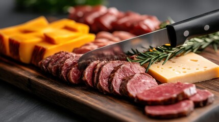 A gourmet charcuterie board featuring sliced meats, variety of cheeses, and garnishes like rosemary, captured in an appetizing presentation for culinary interests.