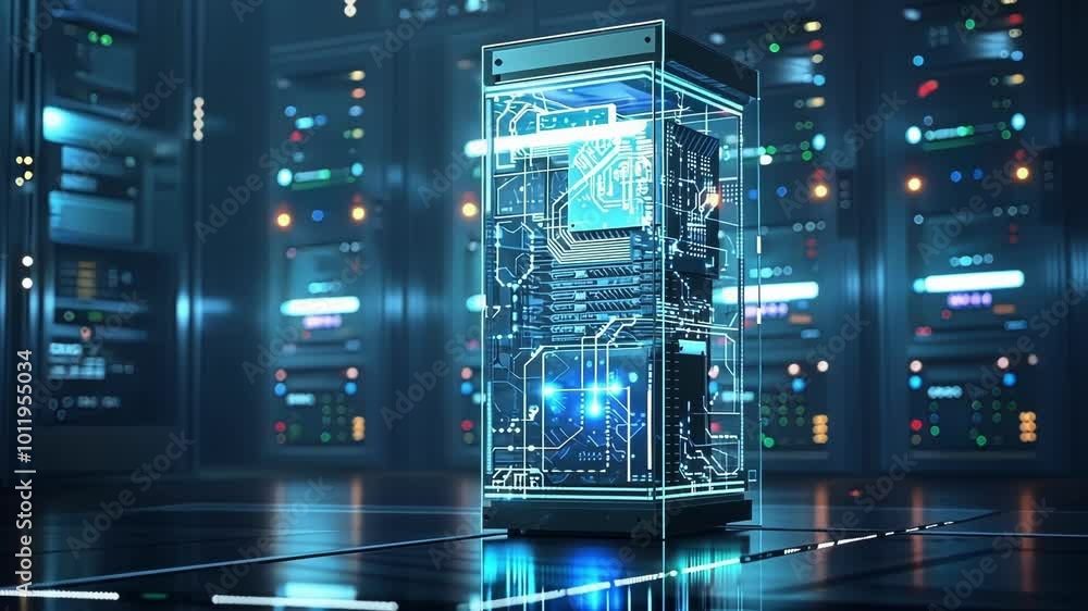 Aufkleber quantum computer is processing data inside a server room, visualizing the concept of neural enhancem