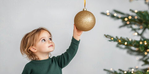 Naklejka premium A cute child touched the Christmas golden ball that hangs at the top. The atmosphere of a holiday, a New Year's eve.